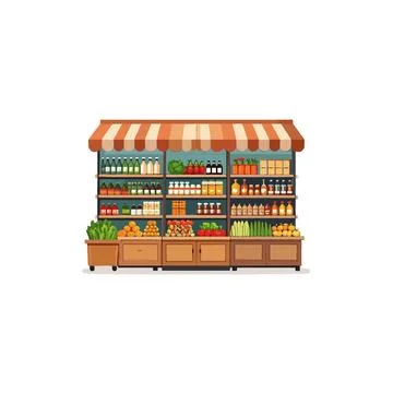 Charming grocery store display showcasing fresh produce, beverages and pant.. イラスト素材