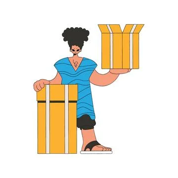 Charming guy holds boxes in his hands. Parcel and cargo transportation. Illustrazione stock
