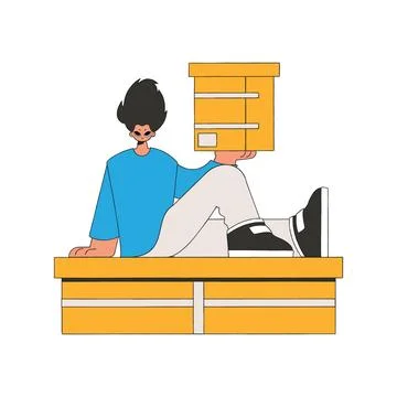 Charming guy holds boxes in his hands. Understanding the process of parcel .. Stock Illustration