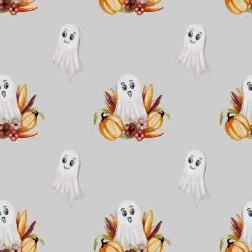 Charming Halloween pattern featuring friendly ghosts and autumn harvest ele.. Stock-Illustration
