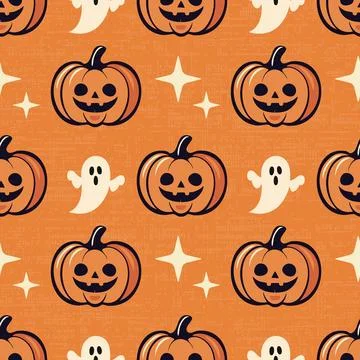 Charming Halloween seamless pattern with cute smiling pumpkins, playful ghost Stock Illustration