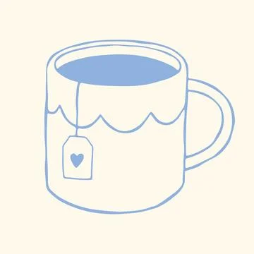 Charming hand drawn blue mug vector with a tea bag, heart detail, and scalloped Stock Illustration