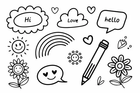 Charming hand-drawn doodle set featuring speech bubbles, nature, and writing Stock Illustration
