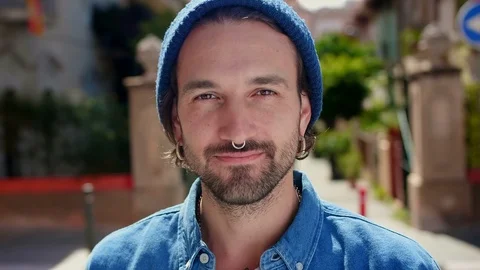 Charming Hispanic man looking to camera with perfect white smile dressed in blue Stock-Footage 111071717