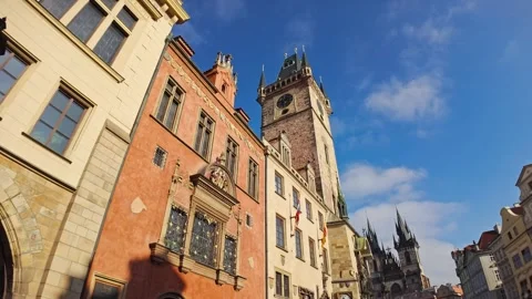 Charming Historical Old Town Square of Prague with Clock Tower Stock Footage 290533824