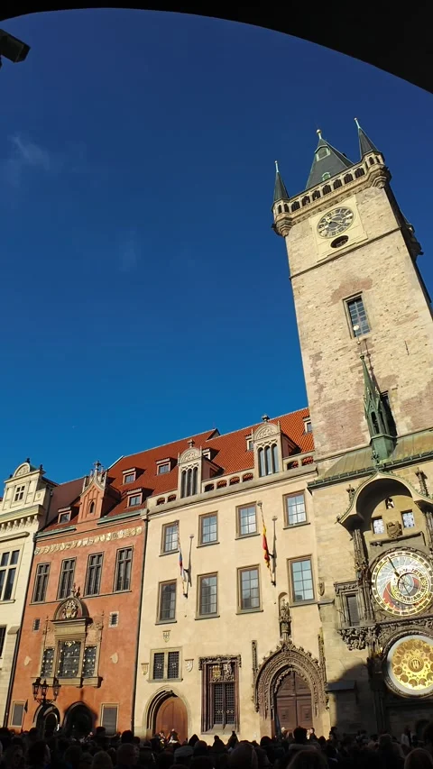 Charming Historical Old Town Square of Prague with Clock Tower Stock Footage 290774820