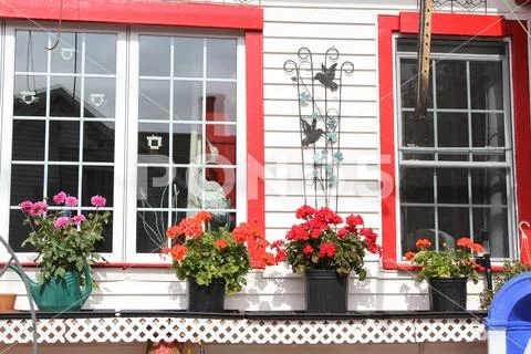 Charming house with red trim and red potted plants Stock Photos