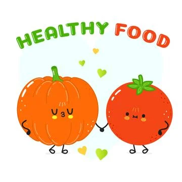 A charming illustration featuring a smiling pumpkin and tomato holding hands, Stock Illustration