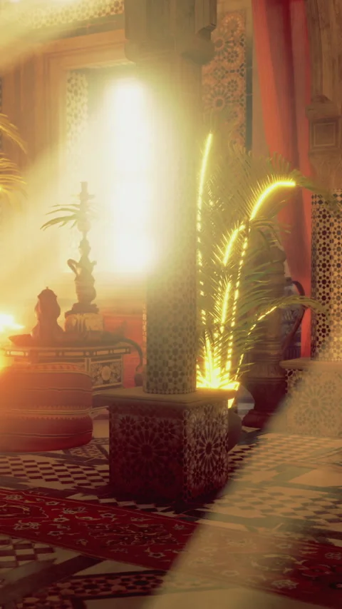 Charming interior of a Moroccan lounge with golden sunlight illuminating space Stock Footage 318157968