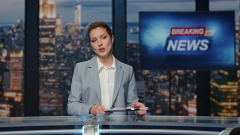 Charming journalist reporting events closeup. Lady newscaster ending live news Stock Footage 255391322