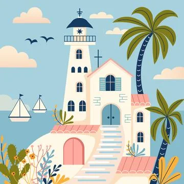 A charming lighthouse surrounded by palm trees and sailboats creates a pict.. Stock-Illustration
