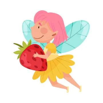 Charming Little Fairy or Pixie with Wings Carrying Strawberry Vector 스톡 일러스트