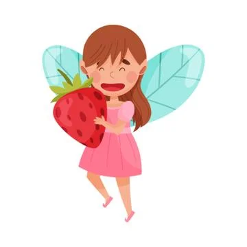 Charming Little Fairy or Pixie with Wings Carrying Strawberry Vector Stock Illustration
