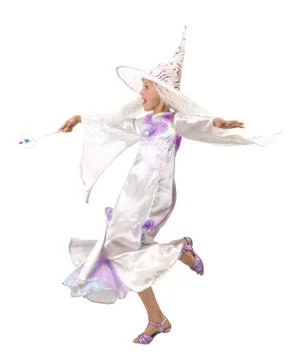 Charming Little Witch Jumping with a Magic Wand Stock Photos