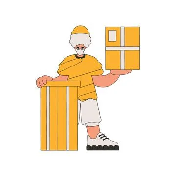 Charming man holding boxes. Parcel and cargo transportation. Illustrazione stock
