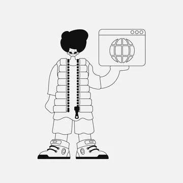A charming man is holding a browser window. Black and white style. Stock Illustration