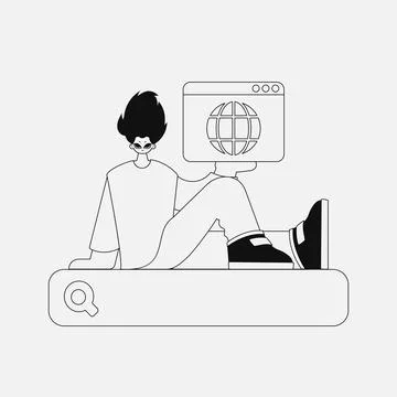 Charming man holds a browser window in his hands. Newspaper style character. Stockillustratie