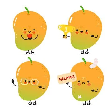 Charming Mango characters show different moods celebrating, being helpful, .. Stock Illustration