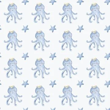 Charming marine pattern featuring octopuses and stars in soothing baby blue.. Stock Illustration