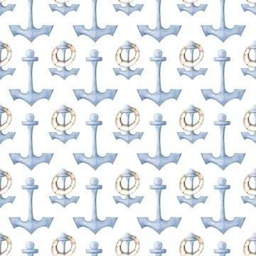 Charming marine watercolor pattern featuring anchors and buoys for textile .. Stock Illustration