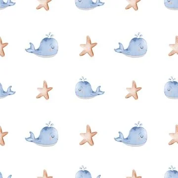 Charming marine watercolor pattern featuring whales and stars for baby-them.. Stock Illustration