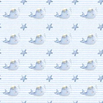 Charming marine watercolor pattern featuring playful whales and stars on a .. Stock Illustration