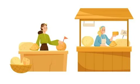 Charming market scene with a delightful array of freshbaked breads and cheeses Stock Illustration