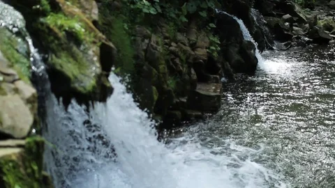 Charming mountain stream in the forest cascade fresh green landscape nature Stock Footage 99371195