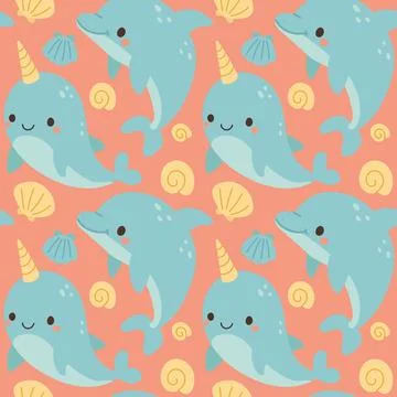 Charming narwhal and dolphin pattern with shells and bubbles, designed in pastel Stock Illustration
