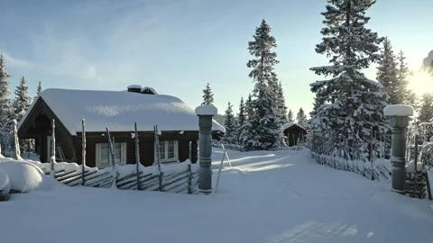 Charming Nordic cabin surrounded by fresh deep snow in Sjusjøen, Norway Stock Footage 330925568