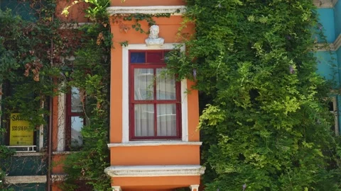 Charming Old Building Facade with Green Ivy, Orange Wall, and Red Window Frame Stock Footage 296588785