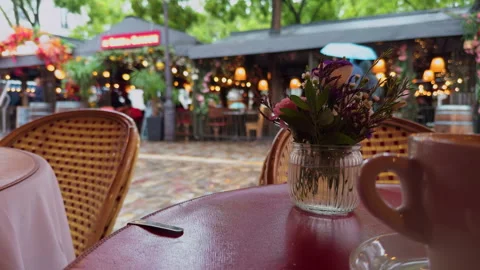 Charming Outdoor Cafe Setup with Flowers and Coffee in a Rainy Atmosphere Stock Footage 318554635