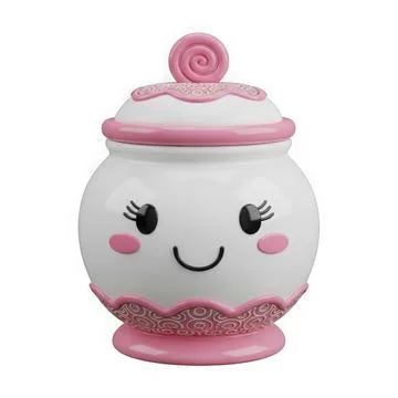 A charming pink and white ceramic jar with a smiling face and a rose on top. Stock Illustration