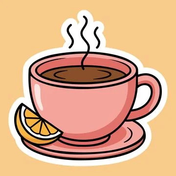 A charming pink cup of hot tea with a lemon slice illustration Stock Illustration