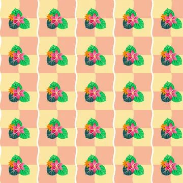 Charming Pink Floral Pattern on Alternating Peach and Light Yellow Checkere.. Stock Illustration