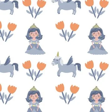 Charming princess and unicorn pattern with floral accents for kids' decoration Stock Illustration