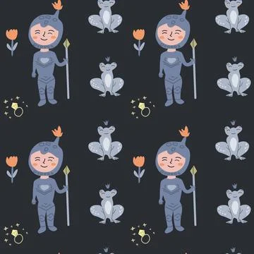 Charming princess patterns with knights and frogs for kids' room decor Stock Illustration