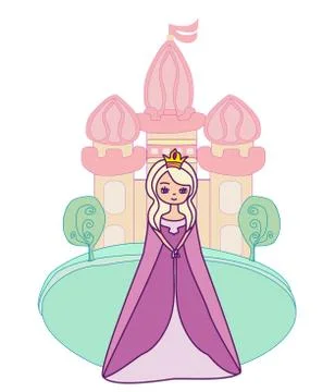 Charming queen in front of castle - isolated illustration Stock Illustration