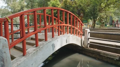 Charming red arched footbridge over a small canal in a public park. 库存影片 343375871