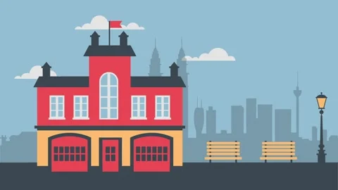 Charming Red Building in Urban Landscape with Benches and Street Lamp Stock-Footage 341919973