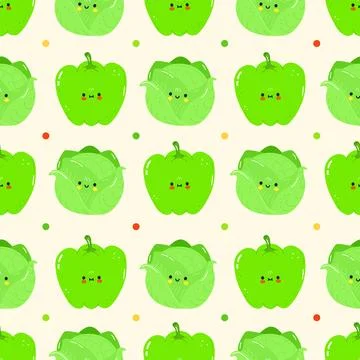 A charming, repeating pattern featuring adorable, smiling green bell pepper.. Stock Illustration