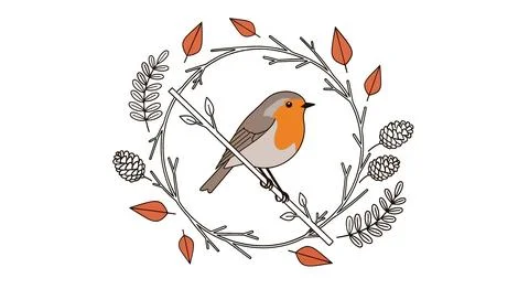 Charming Robin Bird Perched on Branch Inside Autumn Wreath Illustrazione stock