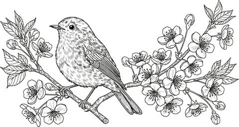 Charming robin bird perched on a flowering cherry blossom branch, detailed .. Stockillustratie