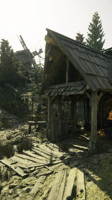 Charming rustic cabin nestled in nature with sunlight streaming softly Stock Footage 331818045