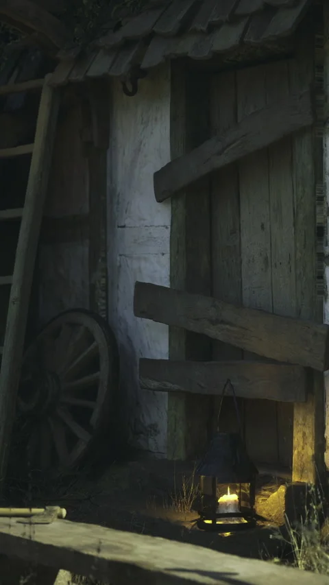 Charming rustic doorway with warm lantern glow in a quiet evening setting Stock Footage 341416876