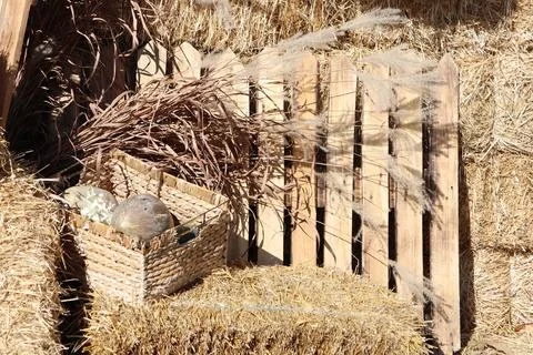 Charming Rustic Farm Decor Featuring Hay Bales and Authentic Natural Elements Stock Photos
