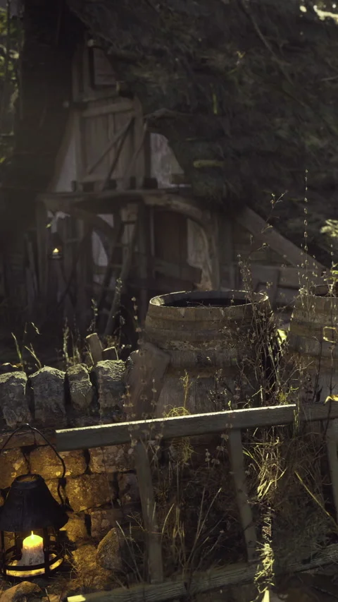 Charming rustic scene with antique lantern and weathered barrel at dusk Stock Footage 331816900