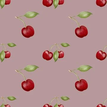 Charming seamless cherry pattern in watercolor for fabric and wrapping design Stock Photos