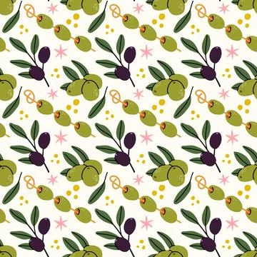 Charming Seamless Olive Pattern with Branches and Skewered Olives Stock Illustration