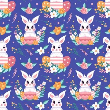 This charming seamless pattern features kawaii style Easter bunnies, colorful Stock Illustration